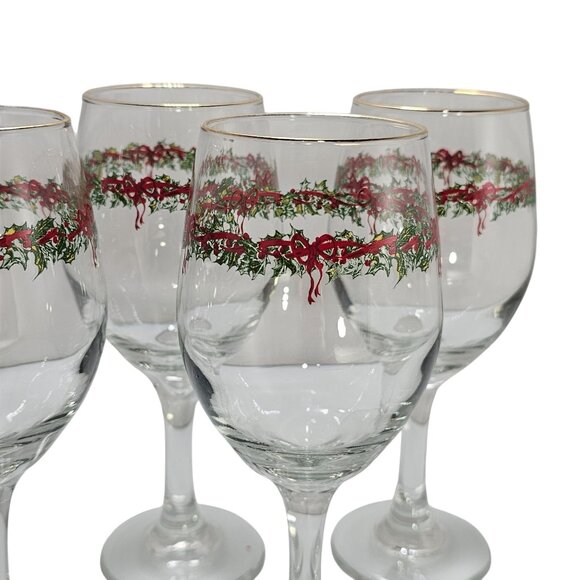 4 Libbey Ribbon Holly Goblets 7.5" water wine gold rim festive holiday Christmas - Picture 3 of 14